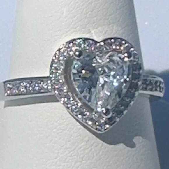 Silver Heart Cut Stone Ring with Pave Detailing Adjustable - Picture 8 of 14